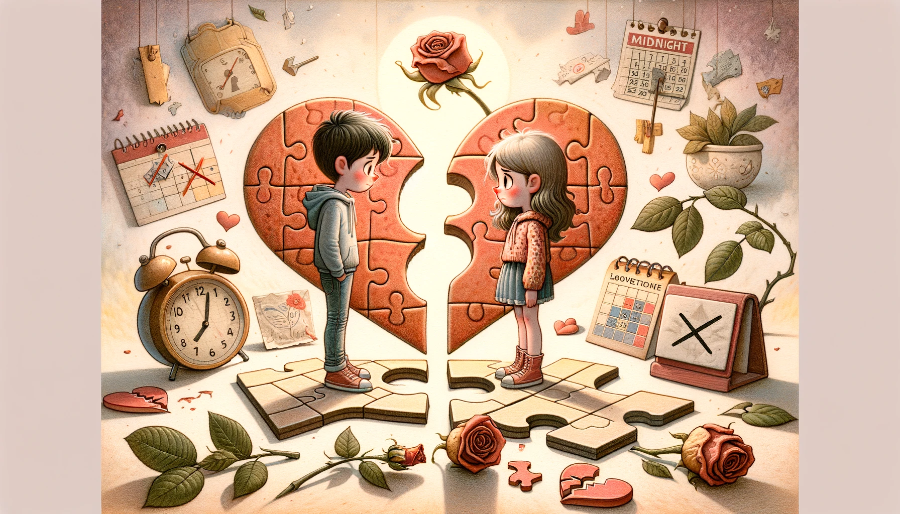 two animated characters, each standing on a piece of a broken heart-shaped puzzle that doesn't fit together