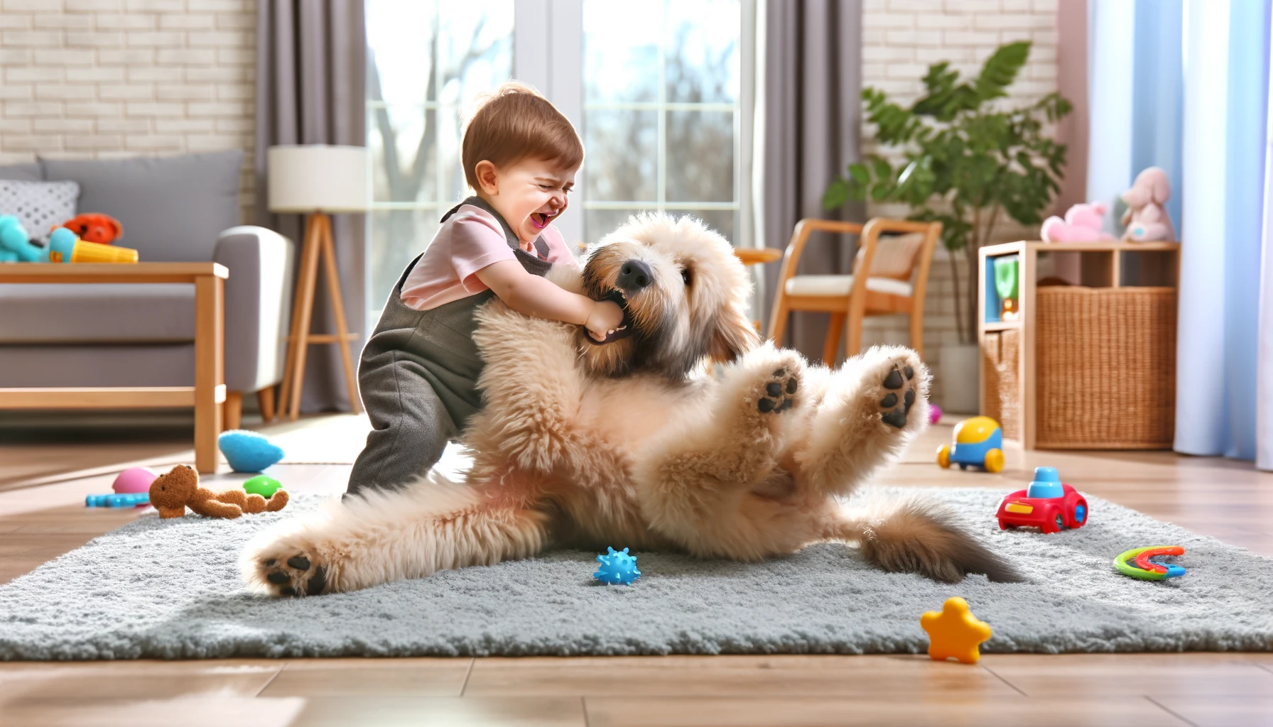 child wrestling with a large, fluffy dog