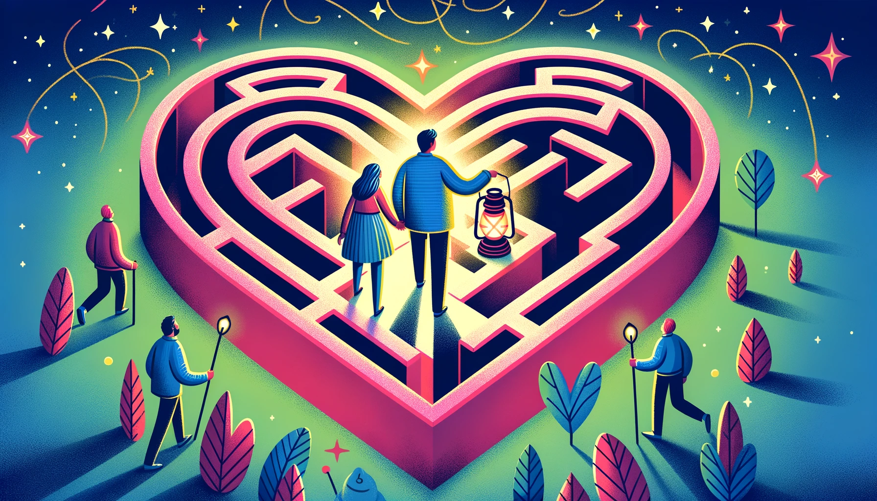 Couple navigating a heart-shaped maze together, symbolizing the journey of overcoming insecurities in a relationship