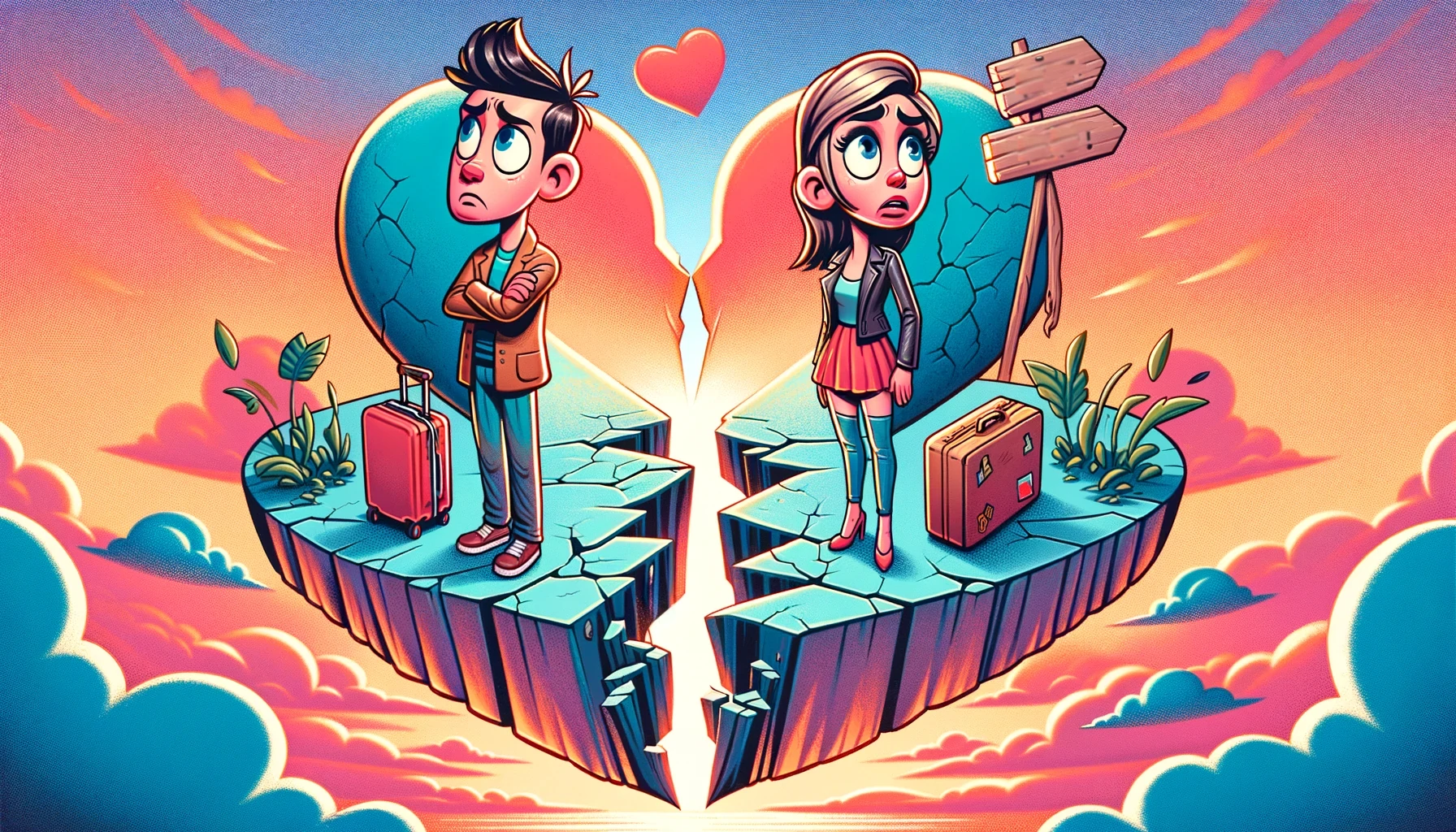 couple standing on opposite sides of a cracked heart-shaped island, each holding a suitcase, thinking about breaking up