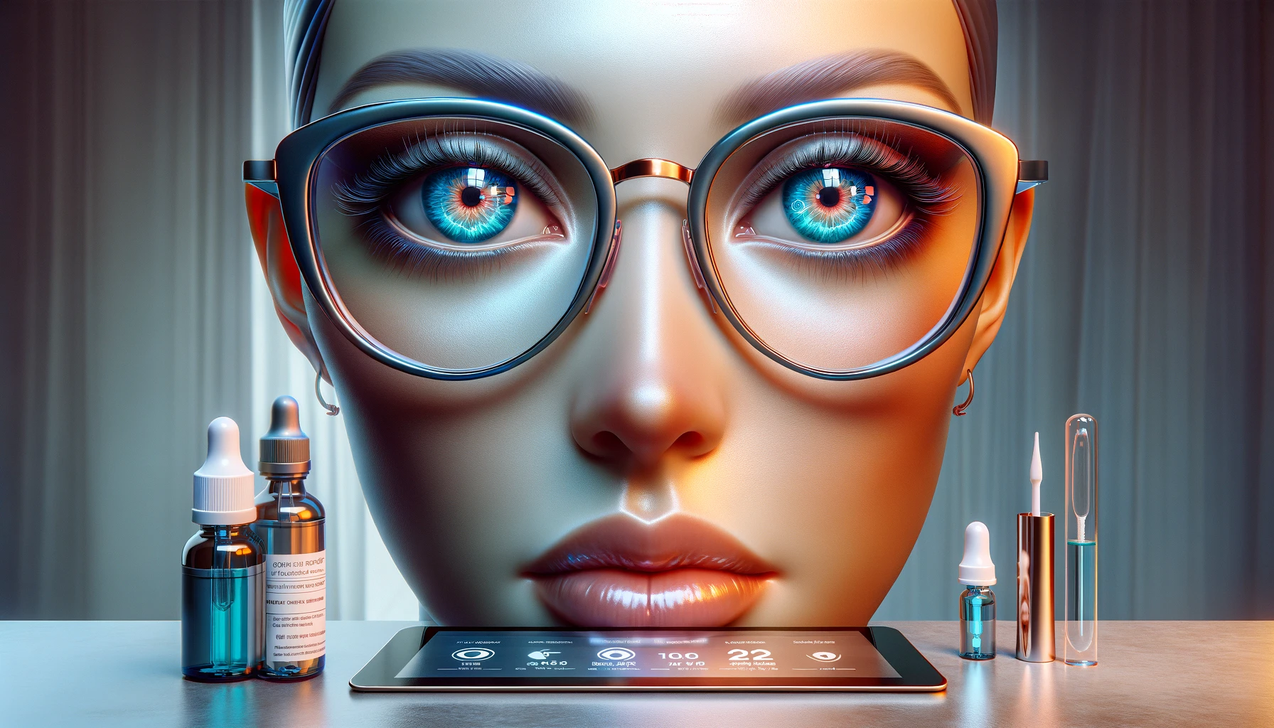eyes reflecting a computer screen, with correctly rendered blue-light-blocking glasses, a bottle of eye drops, and a digital timer for the 20-20-20 rule