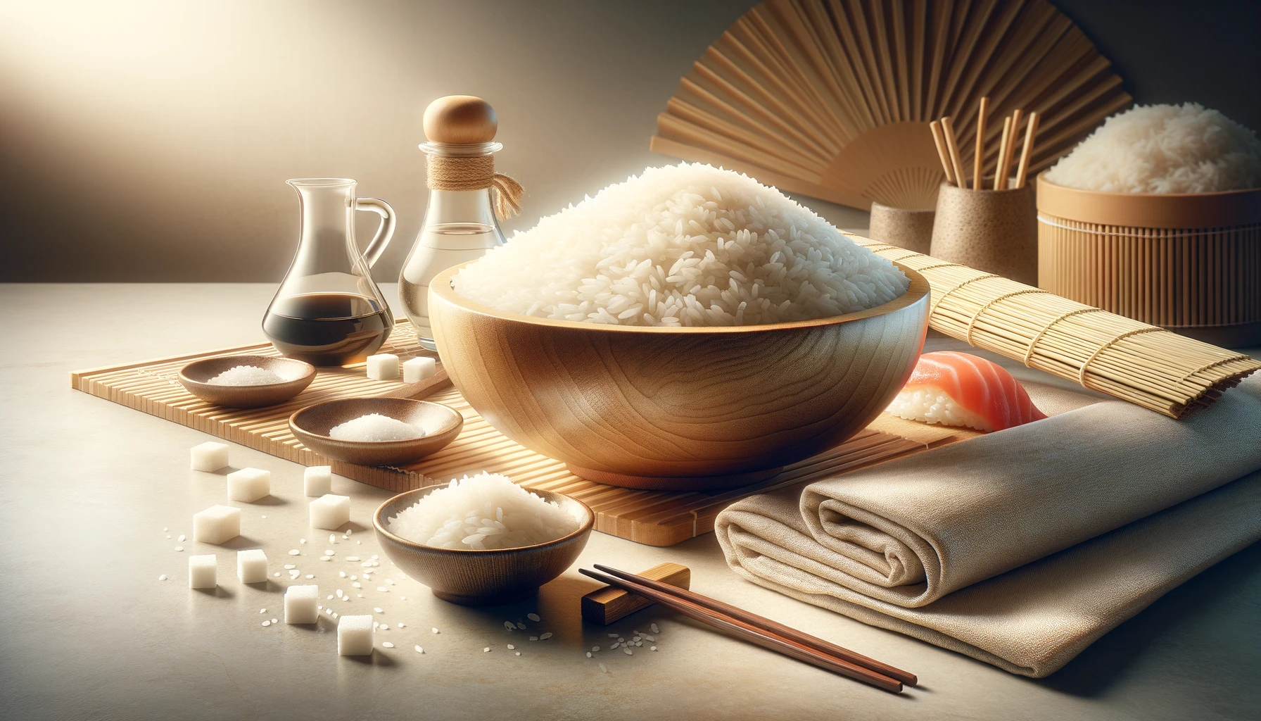 sushi-making scene with a focus on freshly made sushi rice in a wooden bowl, accompanied by ingredients like rice vinegar, sugar, and salt