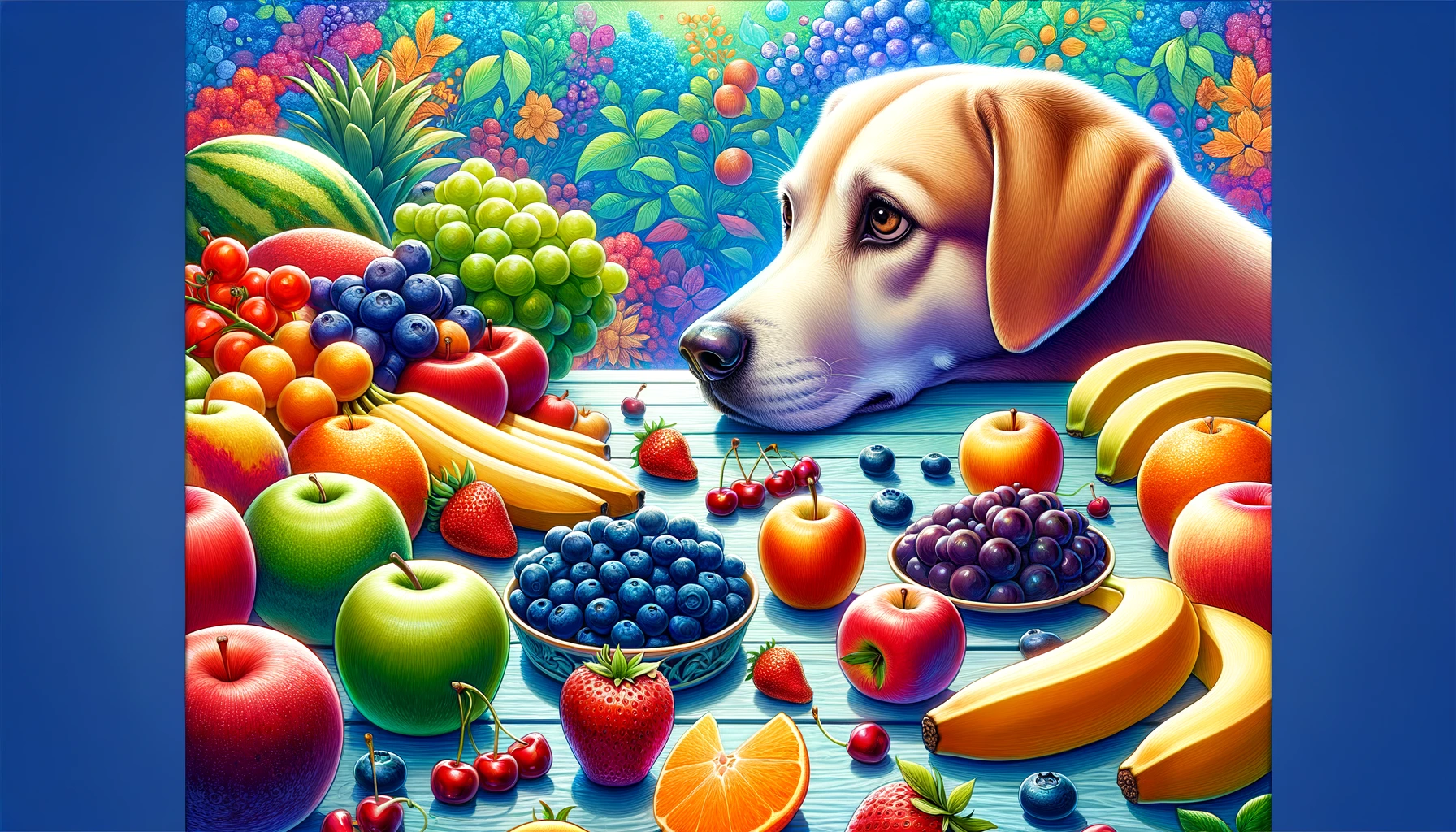 dog gazing at a table filled with a colorful assortment of fruits