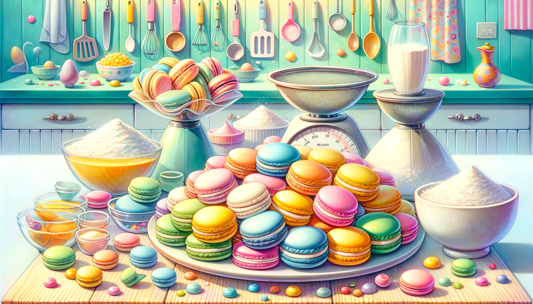 colorful macarons in pastel shades, some finished and elegantly arranged, and others in the process of being made