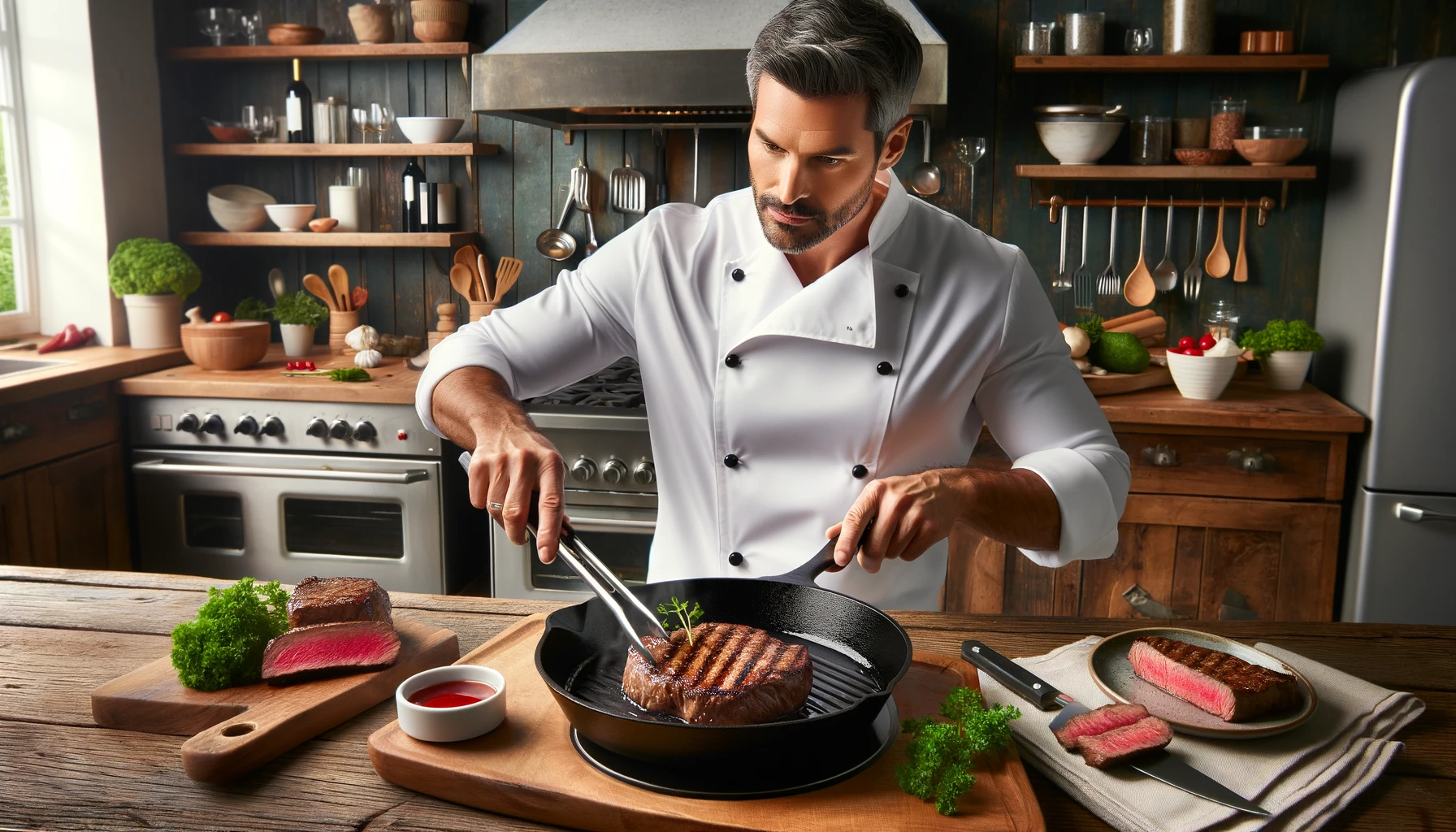 man cooking perfect steak