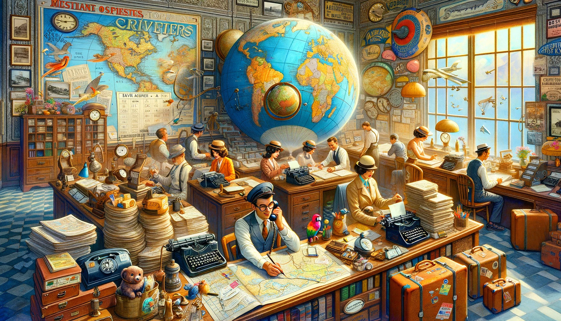 bustling travel agency office from a bygone era, with agents immersed in their work among maps and travel books